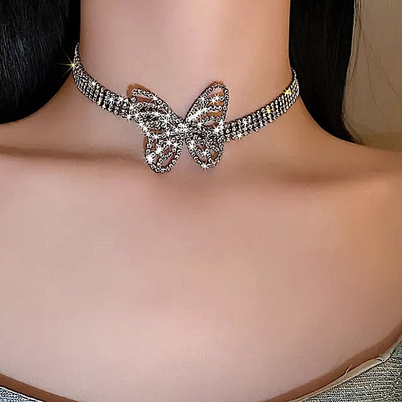 Silver Butterfly Crystal Rhinestone Choker - Picture 5 of 7